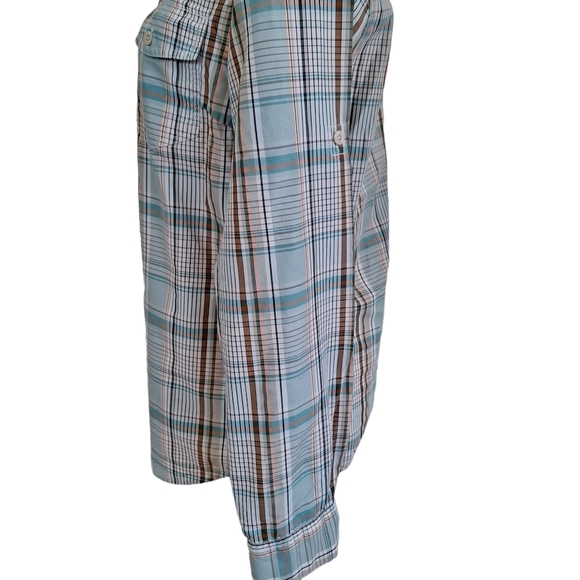 Patagonia Aqua and Tan Plaid Pattern Hiking Convertible Roll Up Sleeve Shirt 10 - Picture 5 of 9